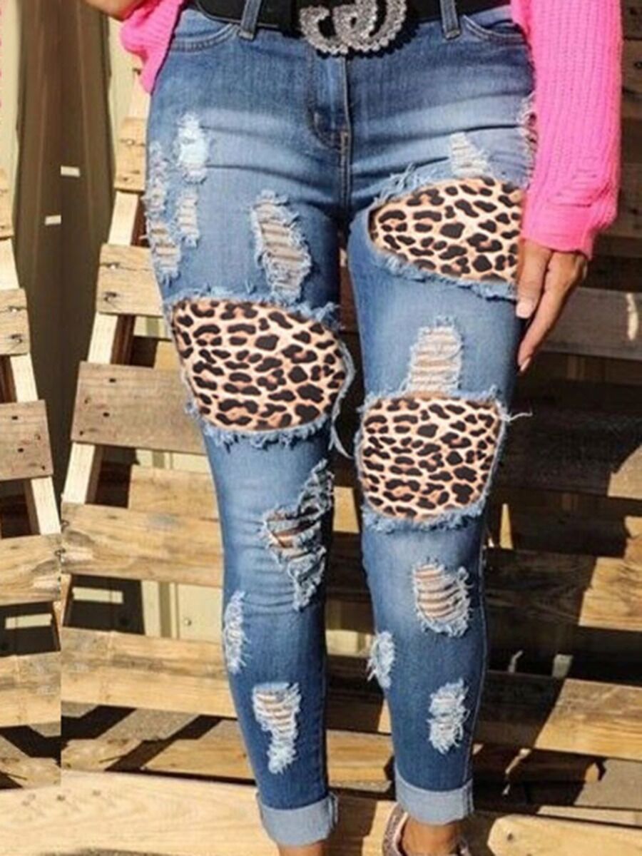 shestar wholesale leopard insert ripped pocket slim fit jeans